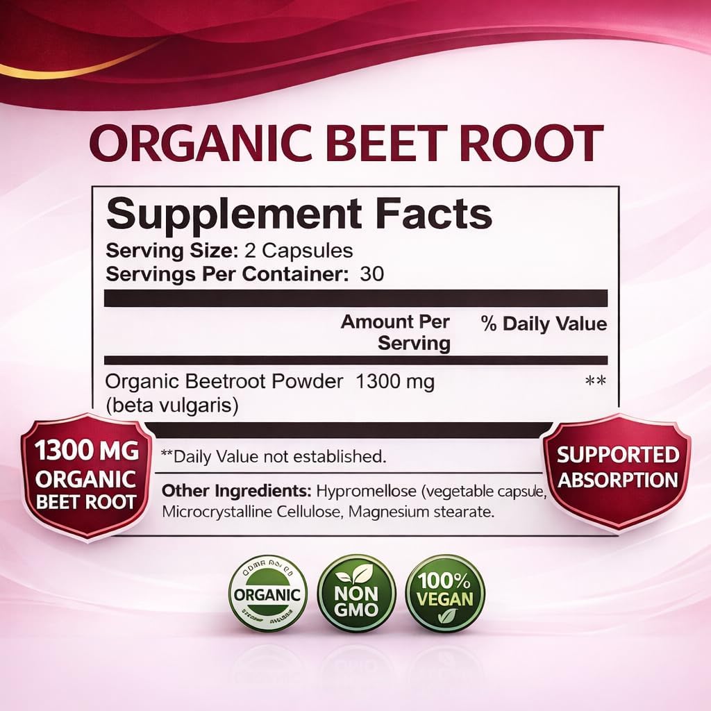 Organic Beet Root Capsules, 1300mg - 60 Capsules D501325