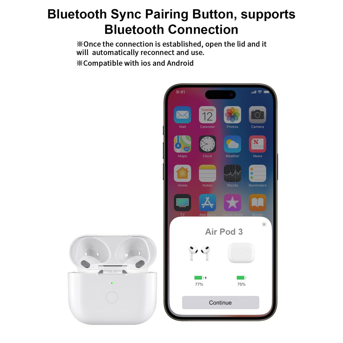Wireless Charging Case Replacement with Bluetooth Pairing Sync Button E558769