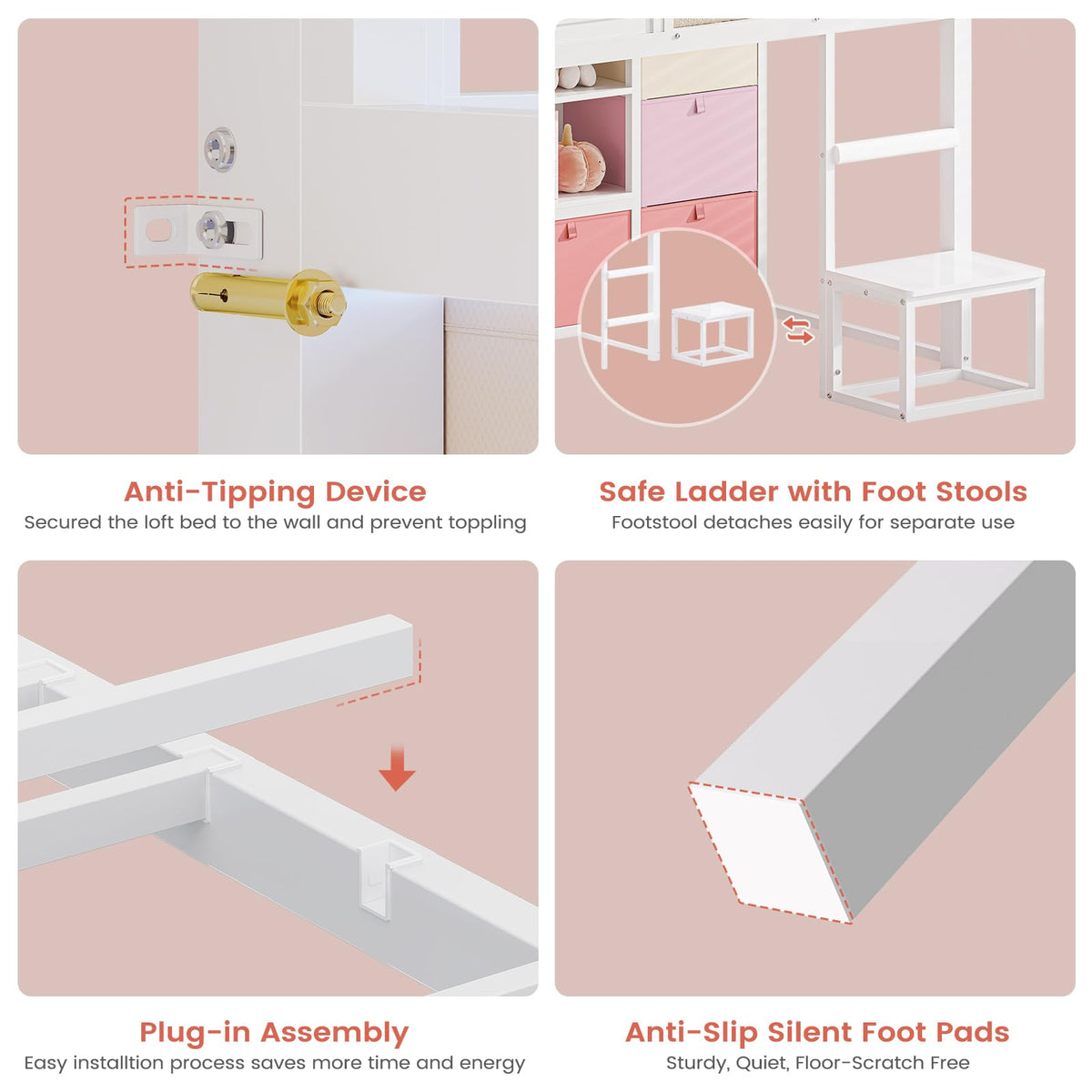 Twin Size Low Loft Bed with 9 Storage Drawers and Guardrail M39046