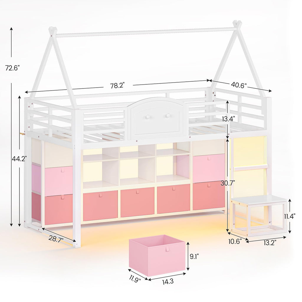 Twin Size Low Loft Bed with 9 Storage Drawers and Guardrail M39046