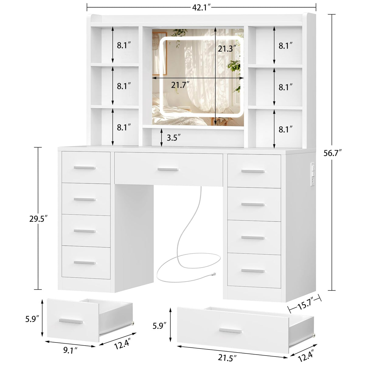 White Vanity Desk with Mirror and 9 Drawers K73487