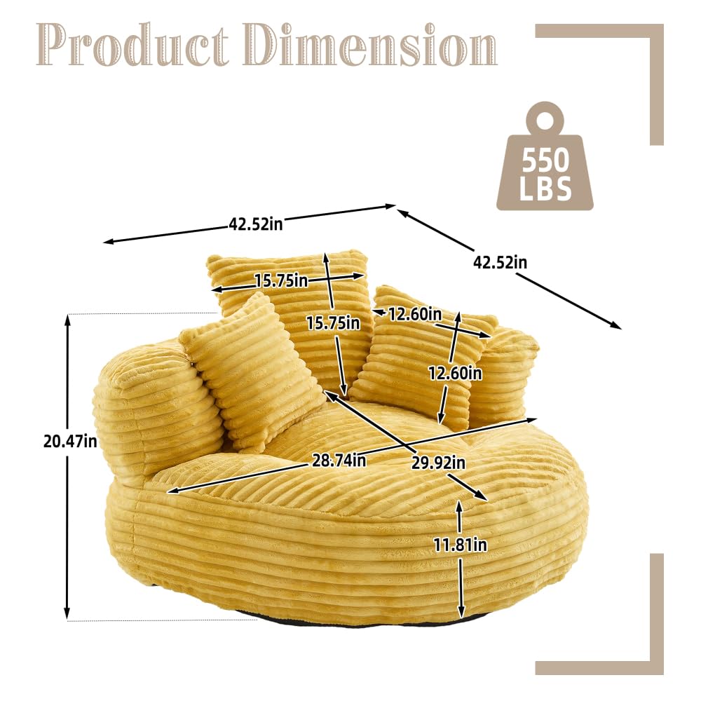 Oversized Corduroy Bean Bag Chair with 3 Pillows O3916