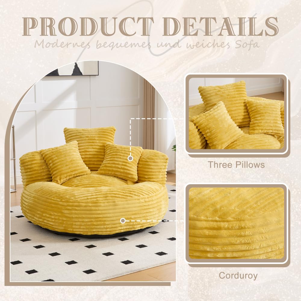 Oversized Corduroy Bean Bag Chair with 3 Pillows O3916