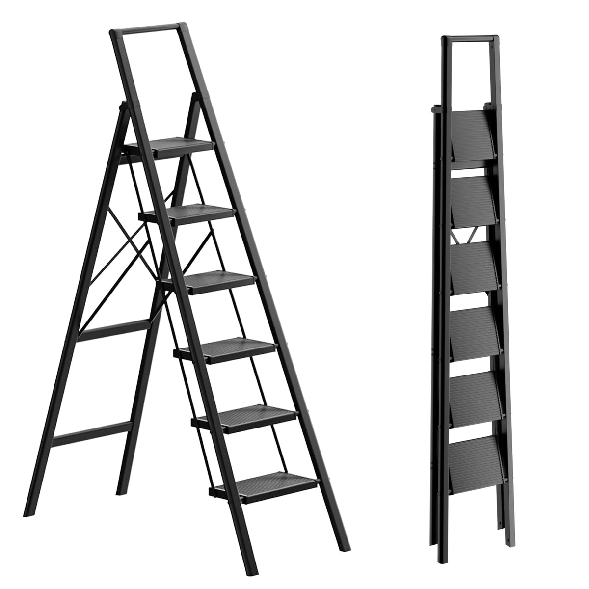 6 Step Folding Step Stool with Handrails Black O9290