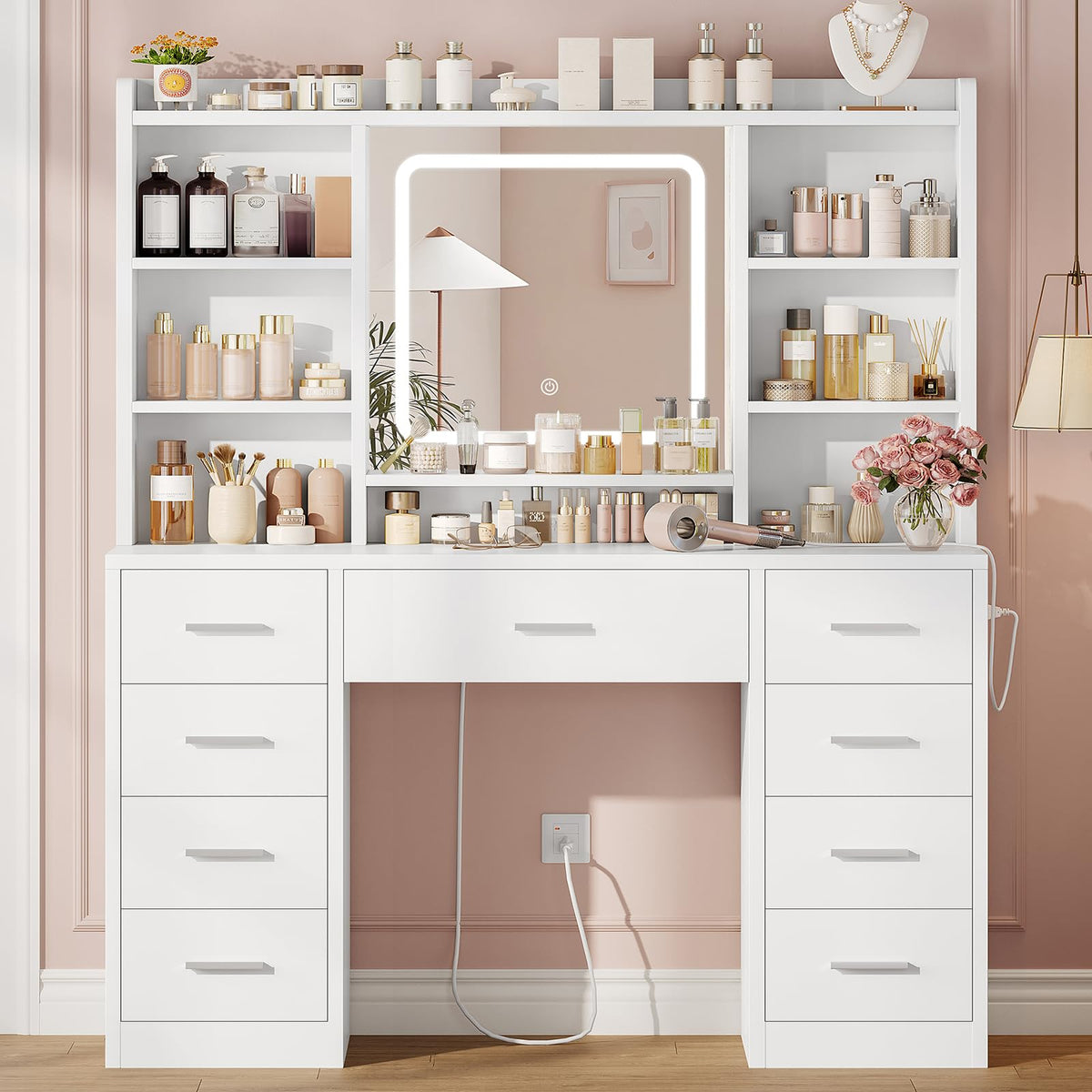 White Vanity Desk with Mirror and 9 Drawers K73487