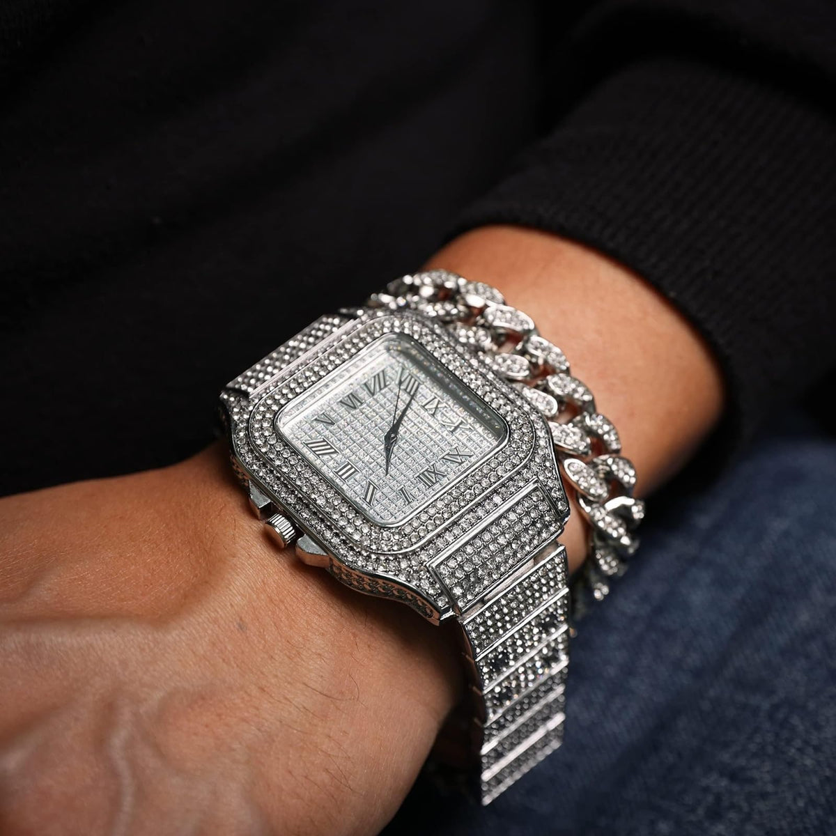 Men's Watch 18K Gold Platinum Plated 40MM Square Dial Diamond Wristband V4775