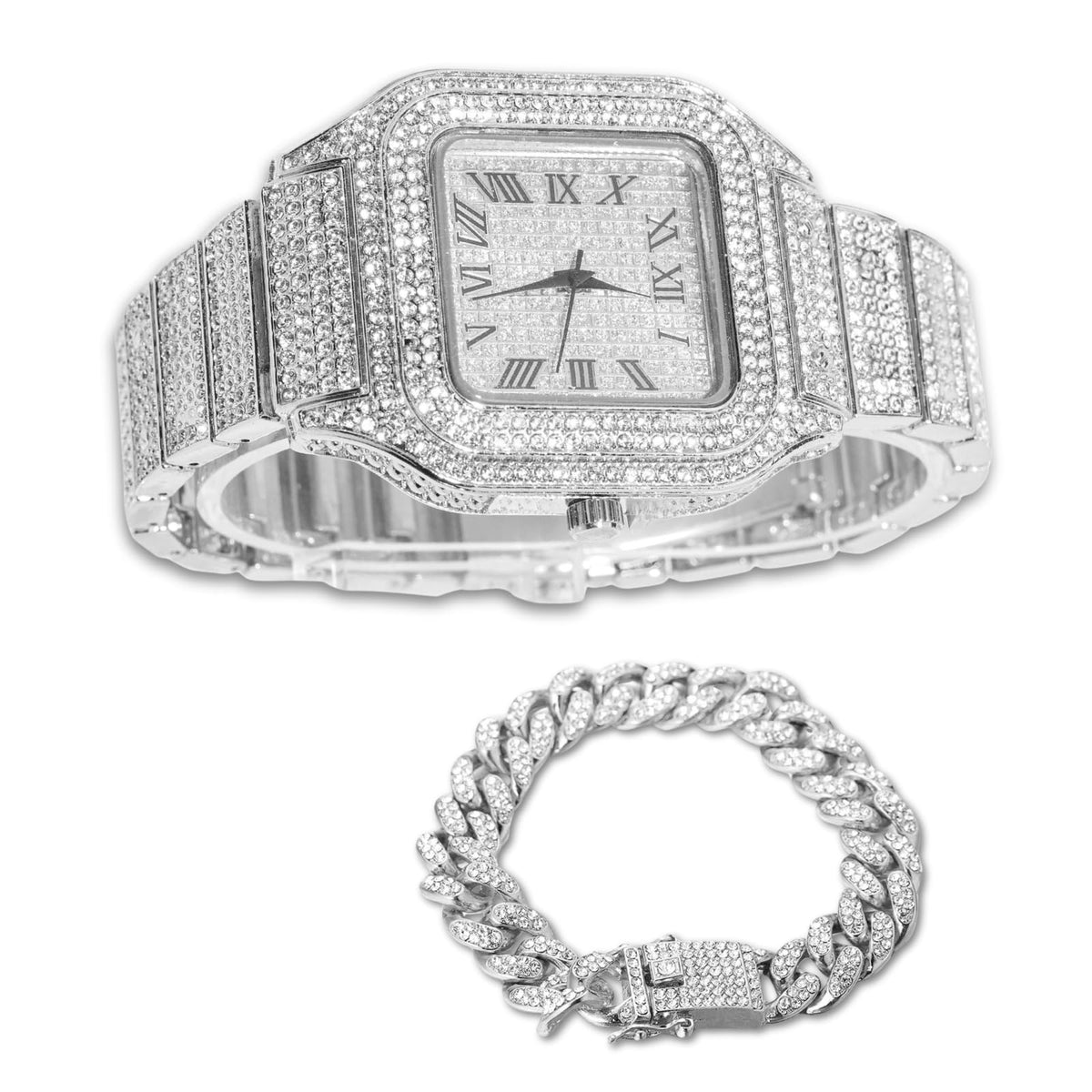 Men's Watch 18K Gold Platinum Plated 40MM Square Dial Diamond Wristband V4775