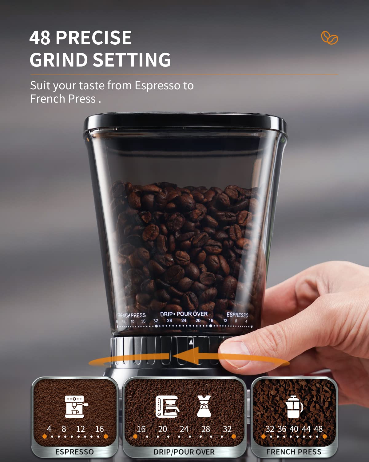 Conical Burr Coffee Bean Grinder, 48 Settings, Silver V671055