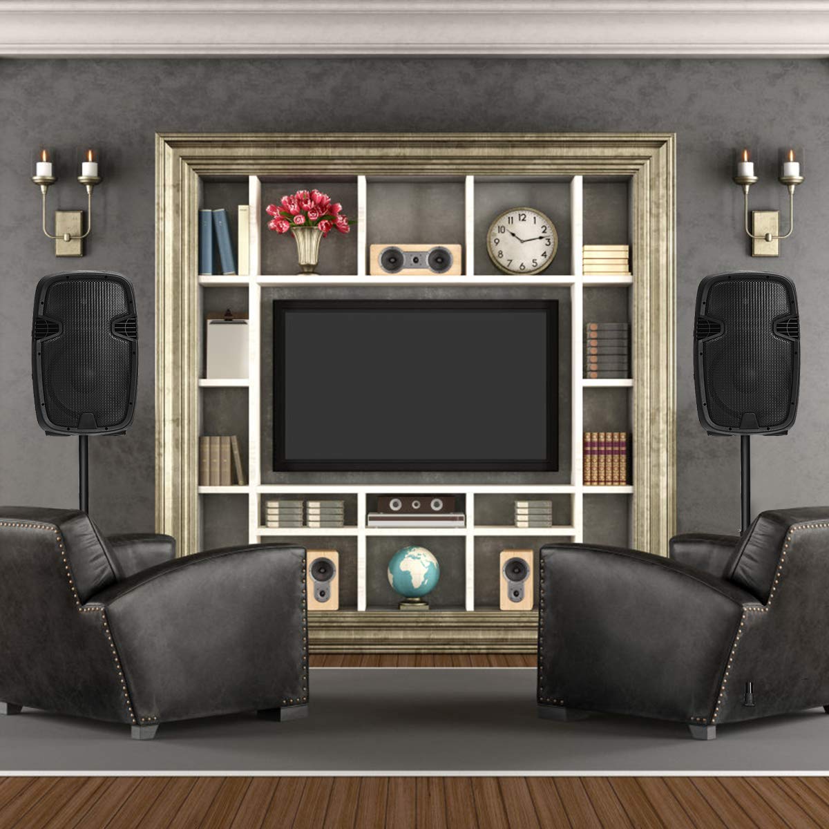 2000W 12" Portable Dual Powered Speakers PA System with Tripod Stands Y957