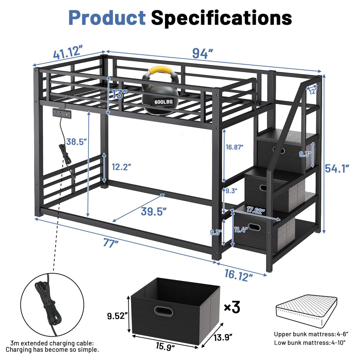 Twin Over Twin Metal Bunk Bed with Storage Stairs, Drawers & Shelves, Power Outlet and RGB LED Lights, Safety Guardrails & Metal Slats (Black) E7933