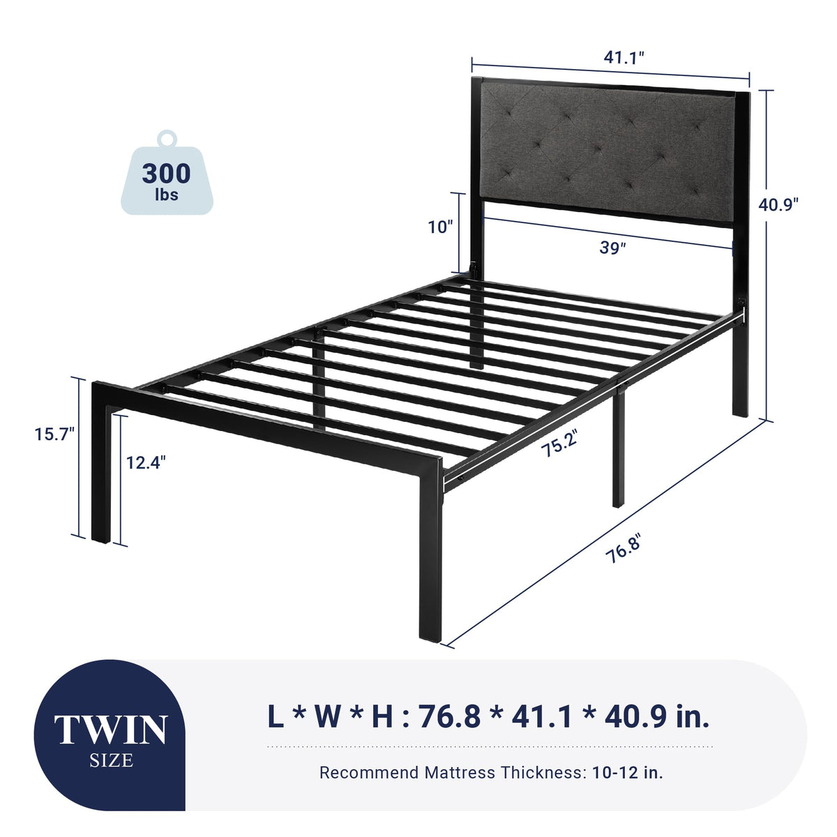 Twin Bed Frame with Upholstered Headboard, Dark Grey B894235