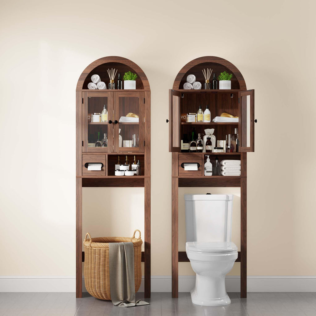 Arched Over the Toilet Storage Cabinet with Tempered Glass Doors D94716