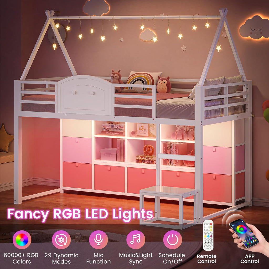 Twin Size Low Loft Bed with 9 Storage Drawers and Guardrail M39046