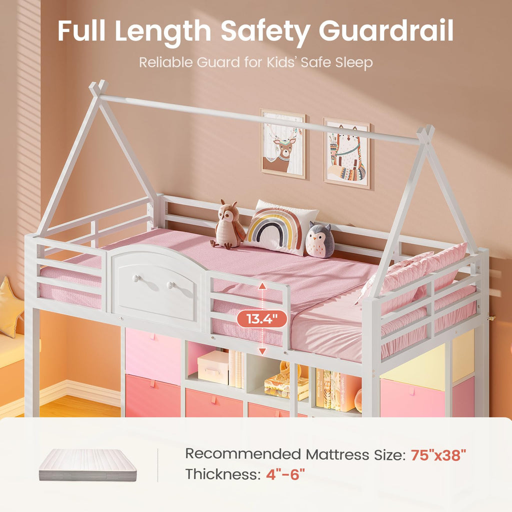 Twin Size Low Loft Bed with 9 Storage Drawers and Guardrail M39046