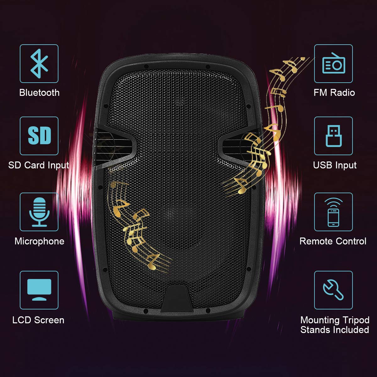 2000W 12" Portable Dual Powered Speakers PA System with Tripod Stands Y957