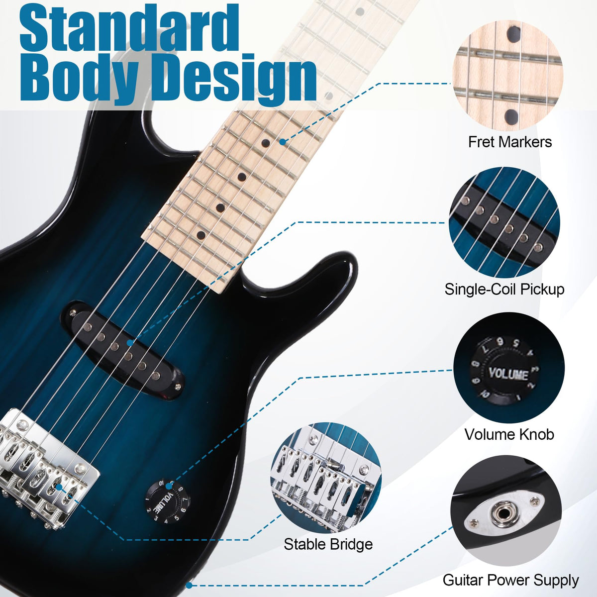 30 inch Kids Electric Guitar with 5w Amp, Gig Bag, Strap, Cable, Strings and Picks, Blue D9550