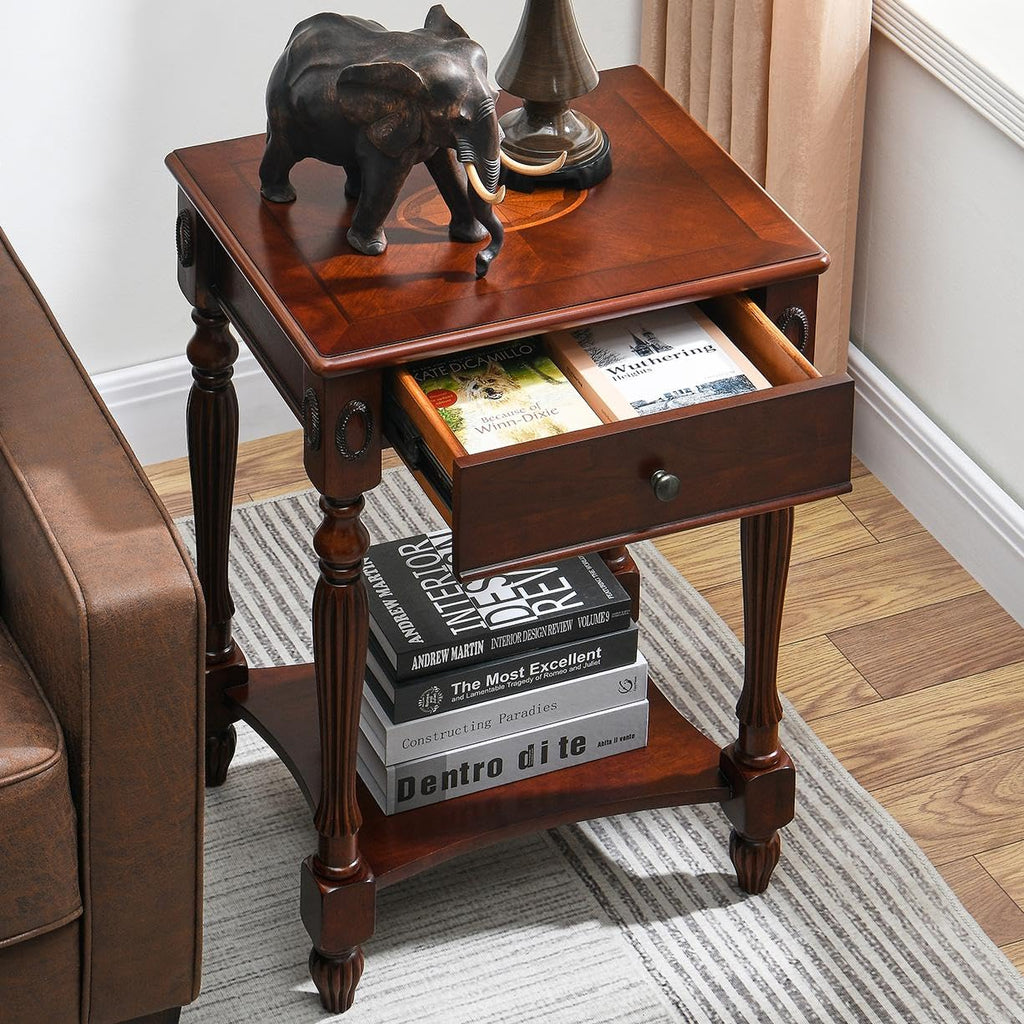 Solid Wood Side Table with Drawer, Cherry Walnut C446
