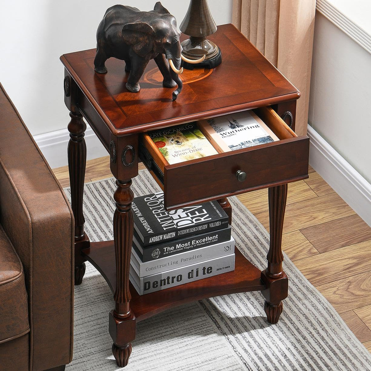 Solid Wood Side Table with Drawer, Cherry Walnut C446