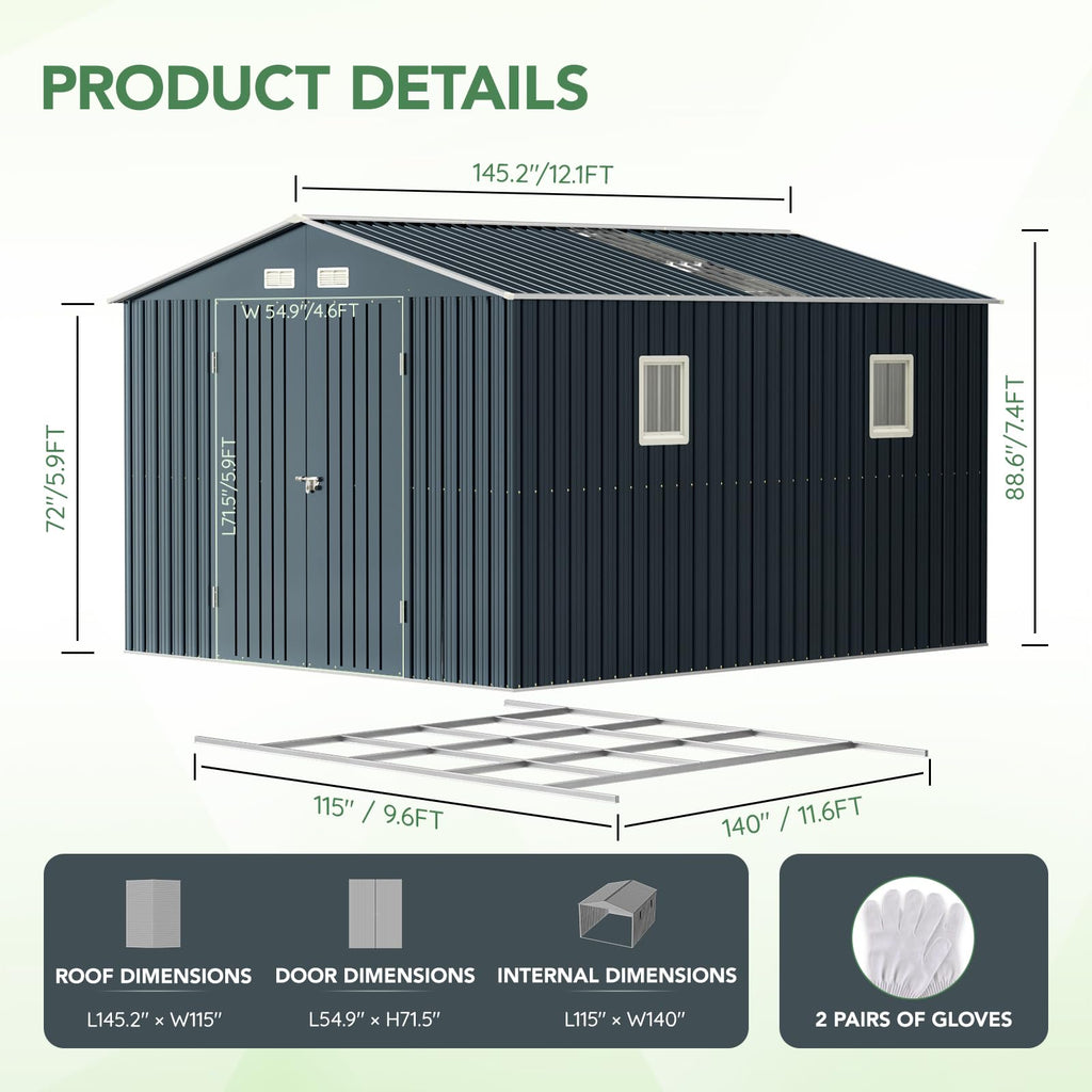 10x12X7.5FT Outdoor Steel Storage Shed with Lockable Doors and Frame Floor I142706