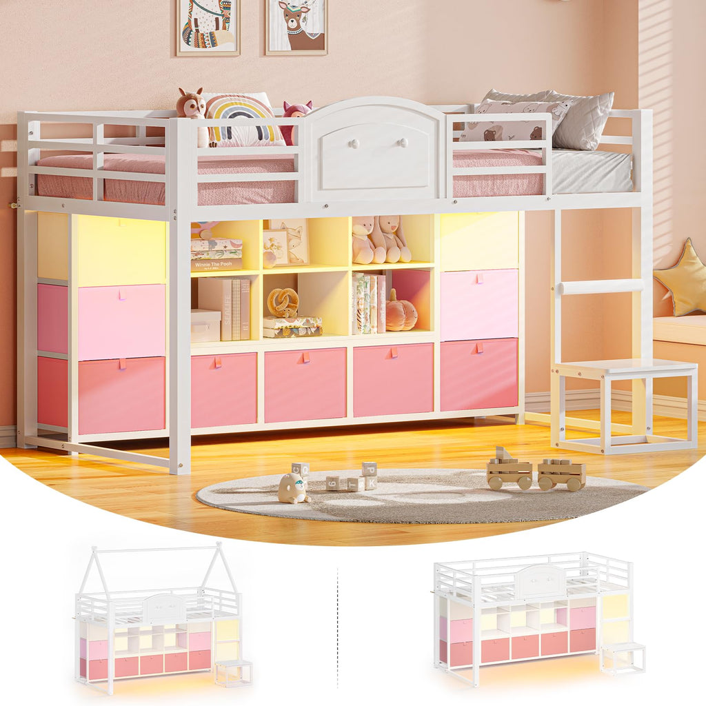 Twin Size Low Loft Bed with 9 Storage Drawers and Guardrail M39046