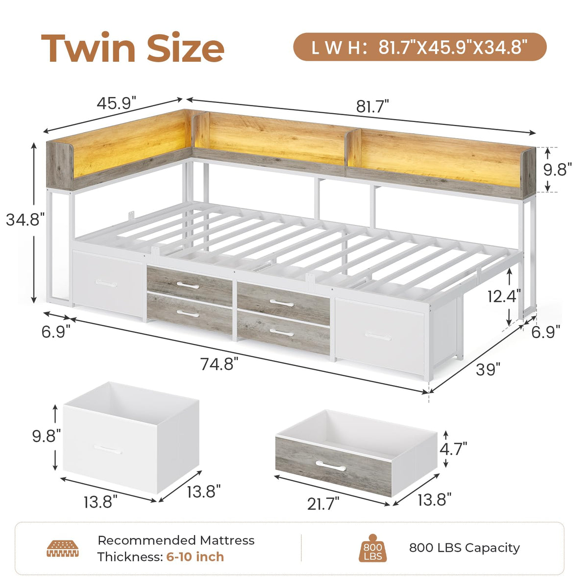 Twin Corner Bed Frame with Storage Bookcase and 6 Drawers S96775