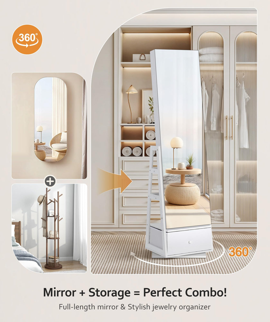 360° Swivel Lockable Jewelry Cabinet with Full Length Mirror K124