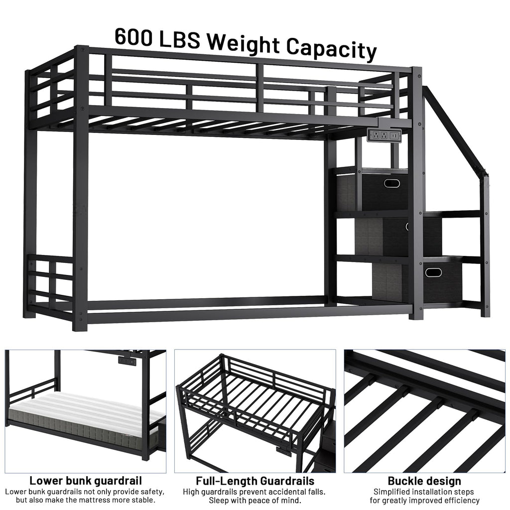 Twin Over Twin Metal Bunk Bed with Storage Stairs, Drawers & Shelves, Power Outlet and RGB LED Lights, Safety Guardrails & Metal Slats (Black) E7933