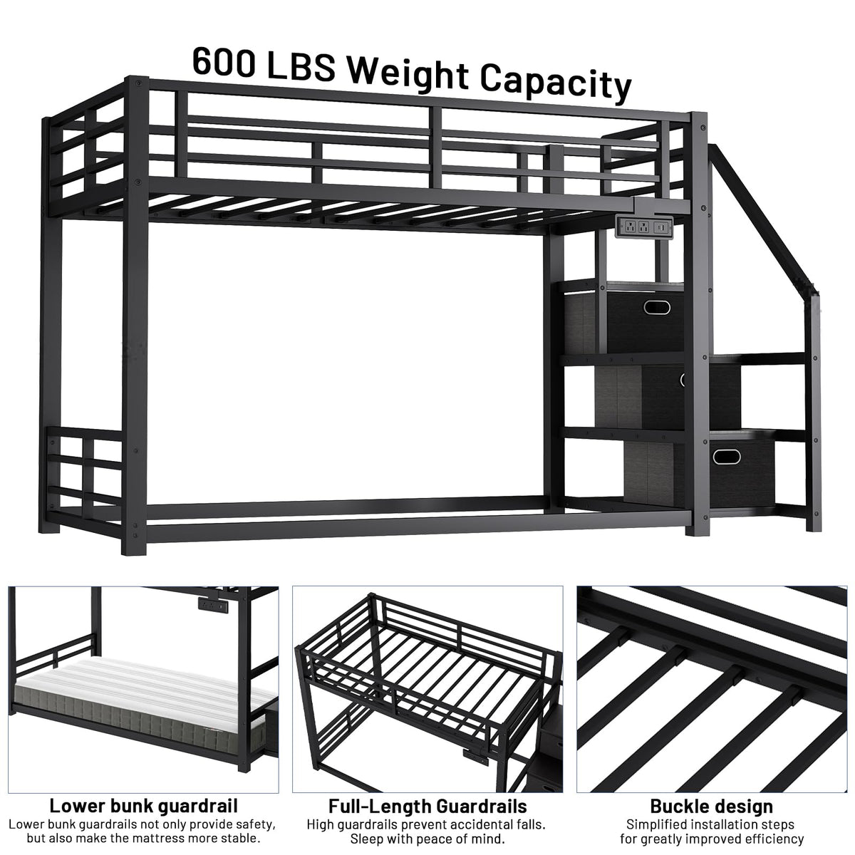 Twin Over Twin Metal Bunk Bed with Storage Stairs, Drawers & Shelves, Power Outlet and RGB LED Lights, Safety Guardrails & Metal Slats (Black) E7933