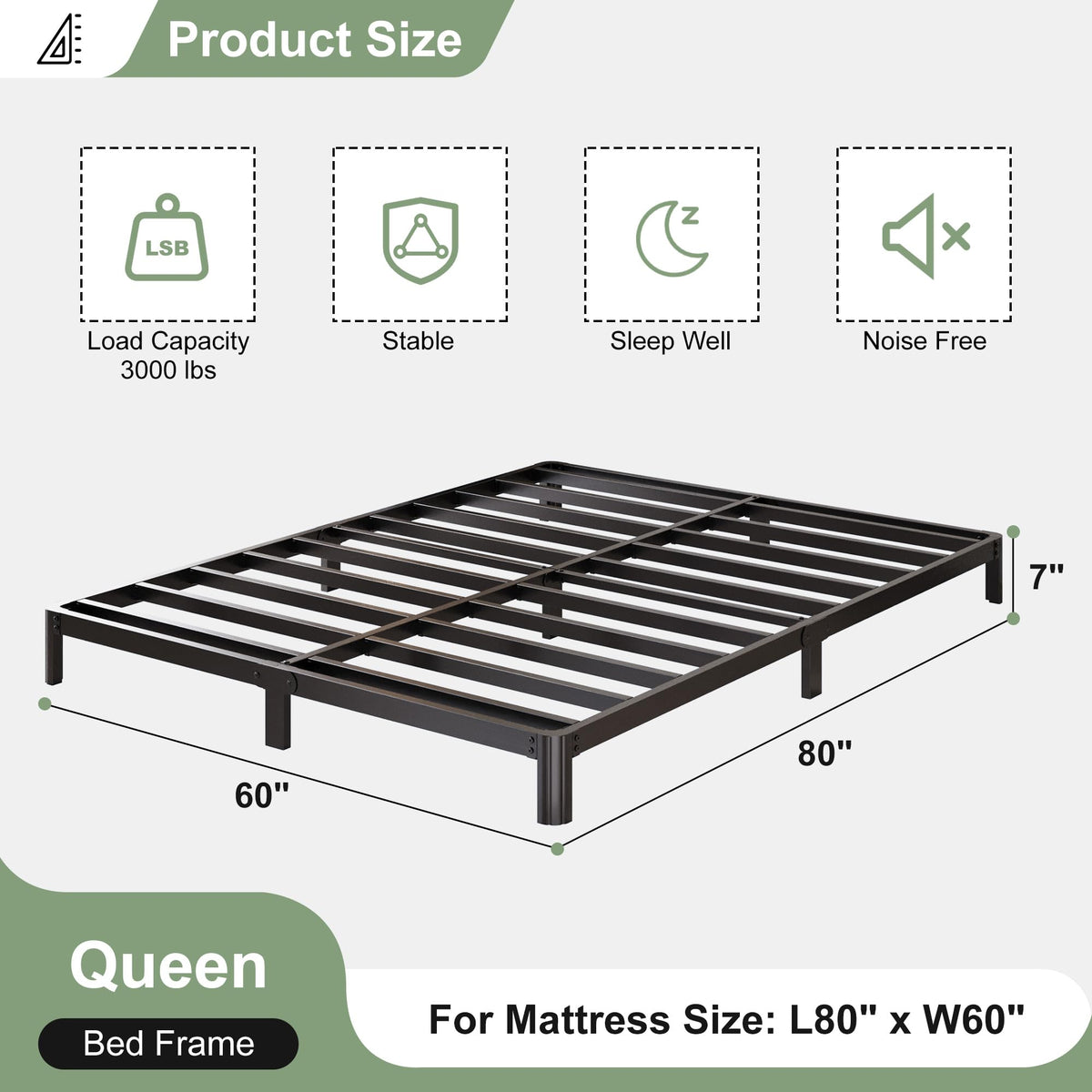 Black 7 Inch Queen Metal Platform Bed Frame N9328