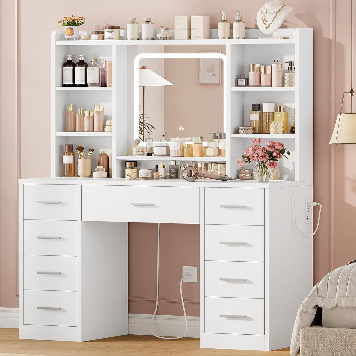 White Vanity Desk with Mirror and 9 Drawers K73487