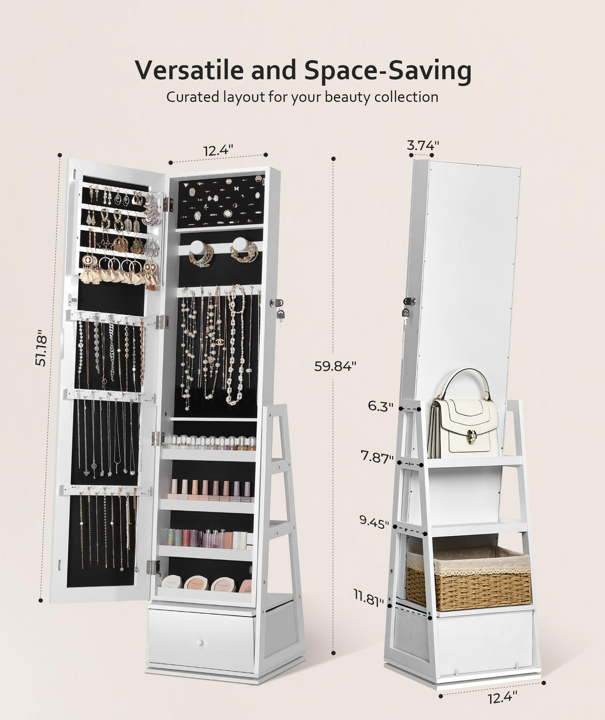 360° Swivel Lockable Jewelry Cabinet with Full Length Mirror K124