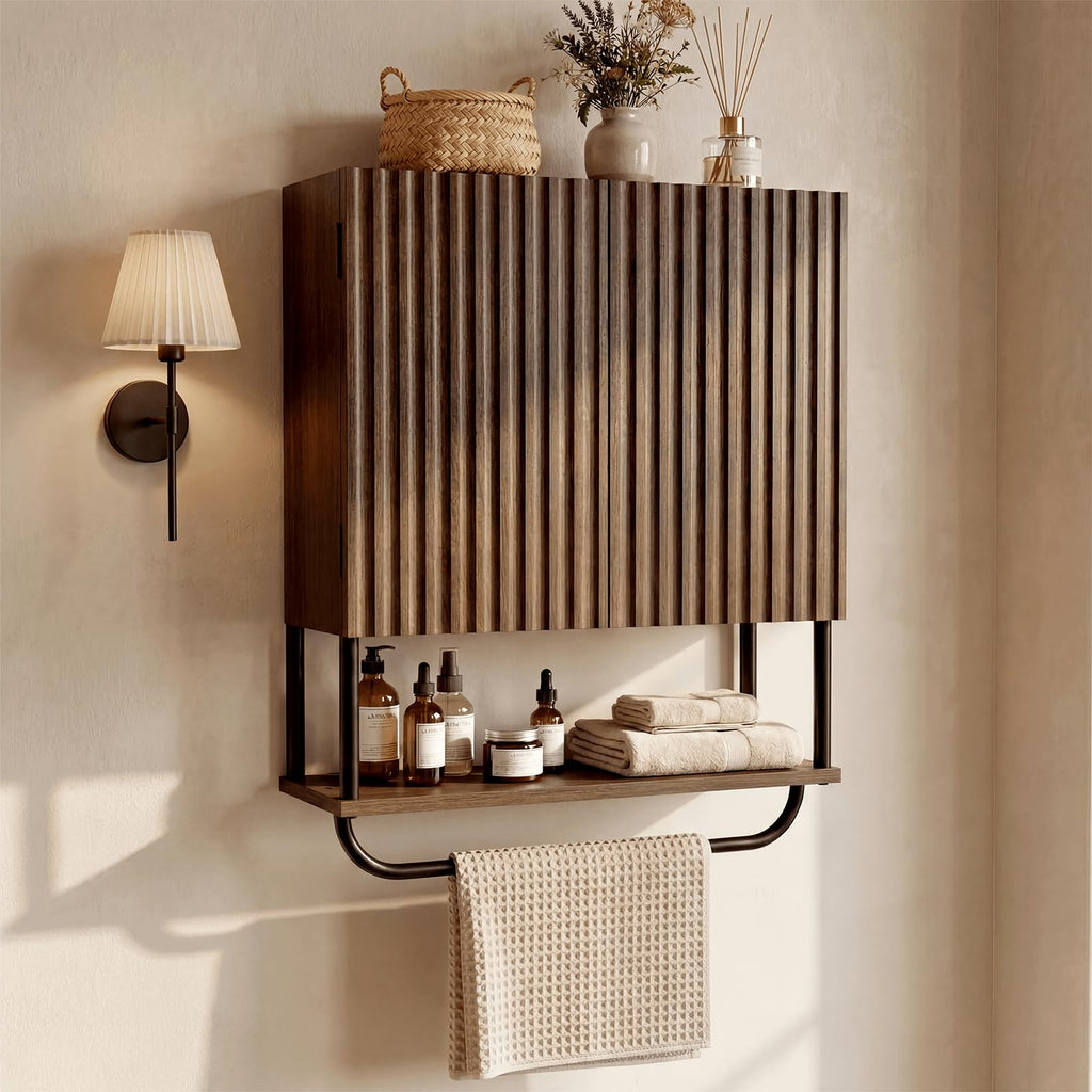 Farmhouse Fluted Wood Wall Mounted Bathroom Cabinet with Adjustable Shelf B86639