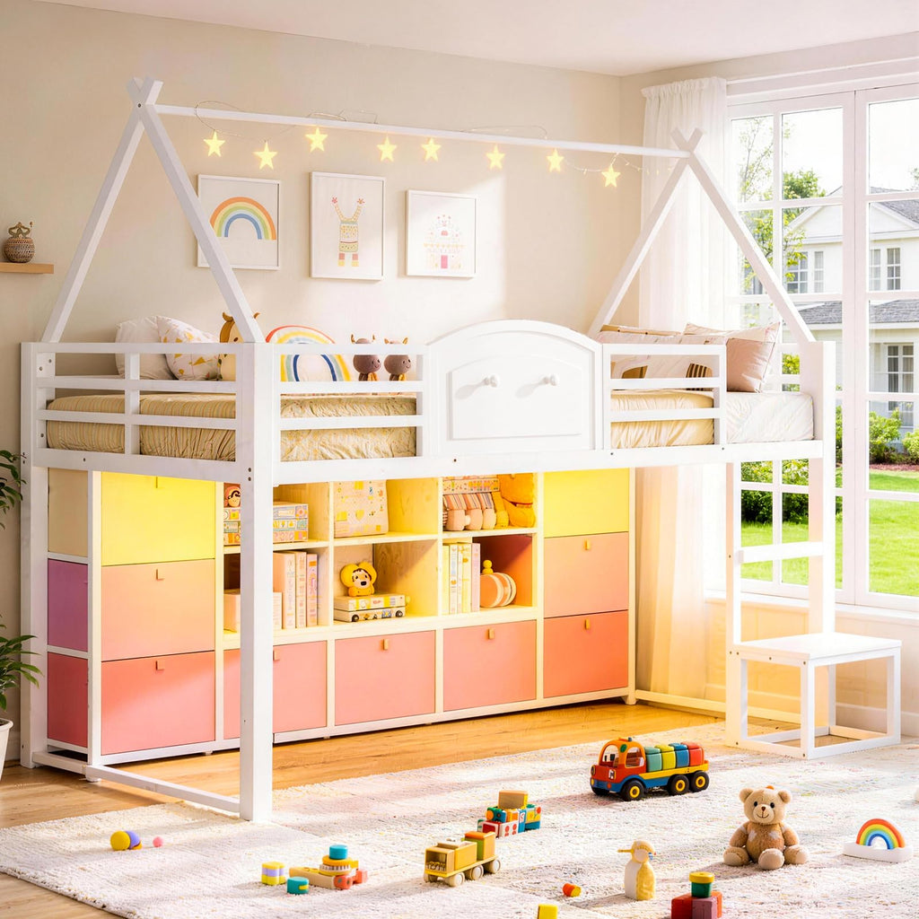 Twin Size Low Loft Bed with 9 Storage Drawers and Guardrail M39046