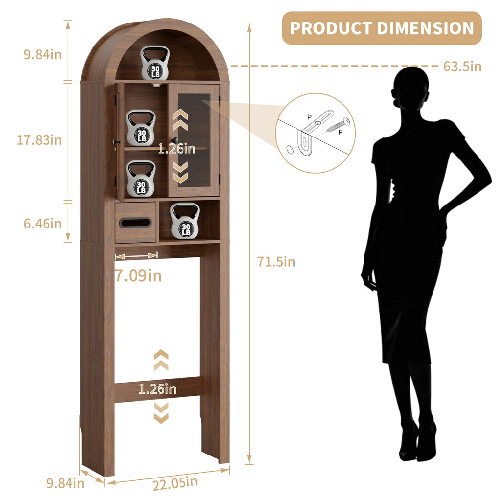 Arched Over the Toilet Storage Cabinet with Tempered Glass Doors D94716