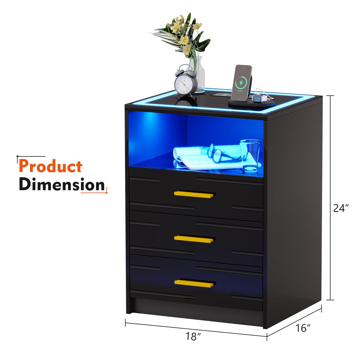 Black Glass Top 3 Drawer Nightstand with Wireless Charging L95999
