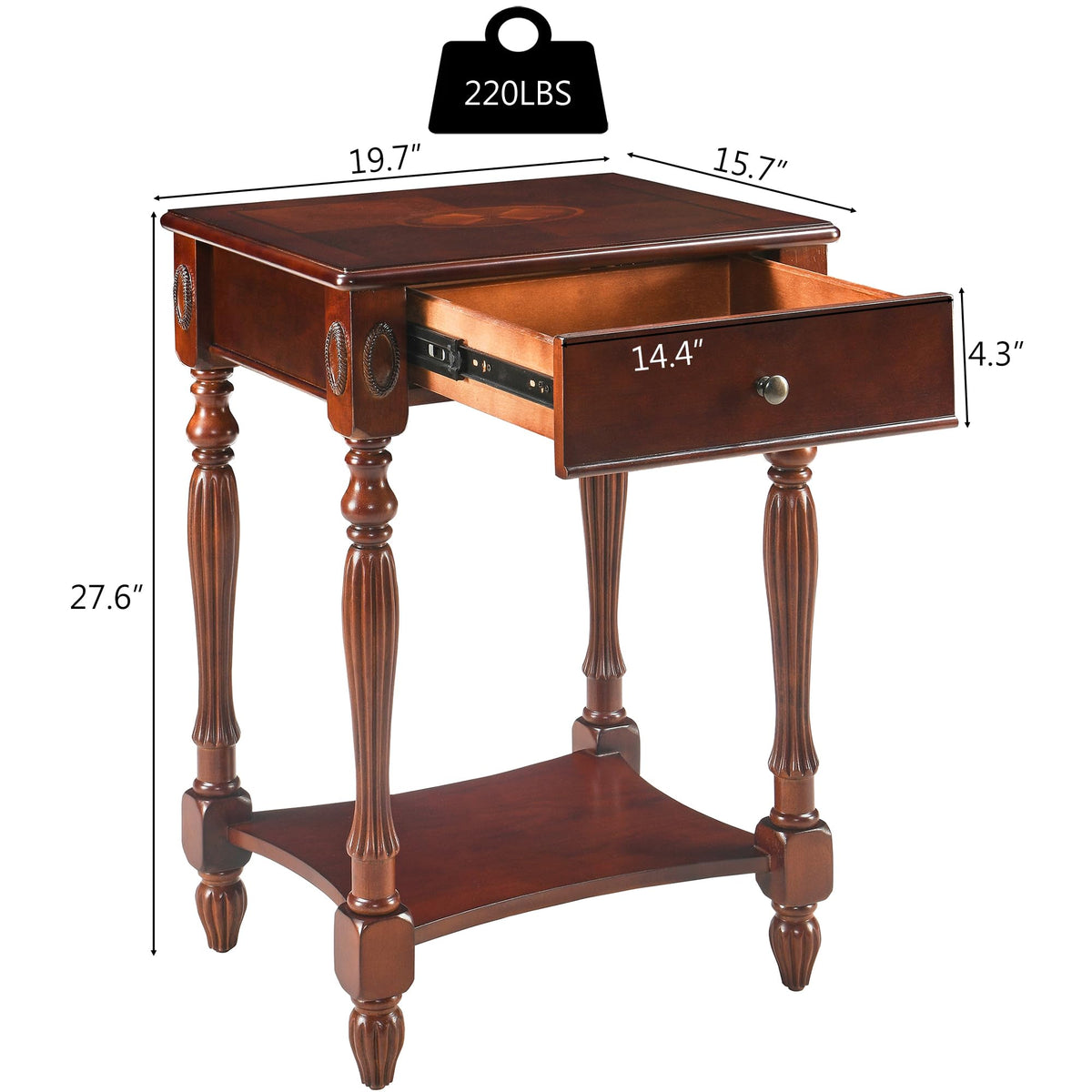 Solid Wood Side Table with Drawer, Cherry Walnut C446