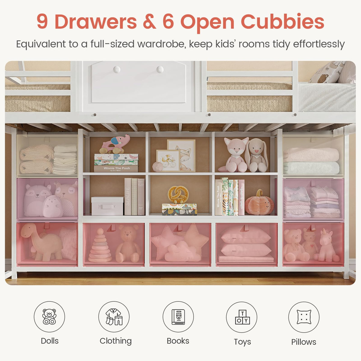 Twin Size Low Loft Bed with 9 Storage Drawers and Guardrail M39046