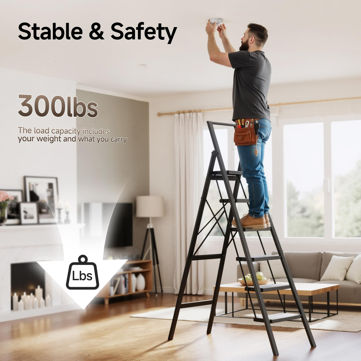 6 Step Folding Step Stool with Handrails Black O9290