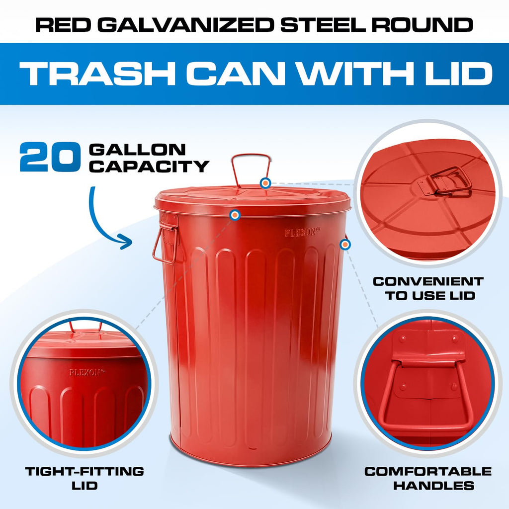 20 Gallon Red Metal Trash Can with Lid J24747