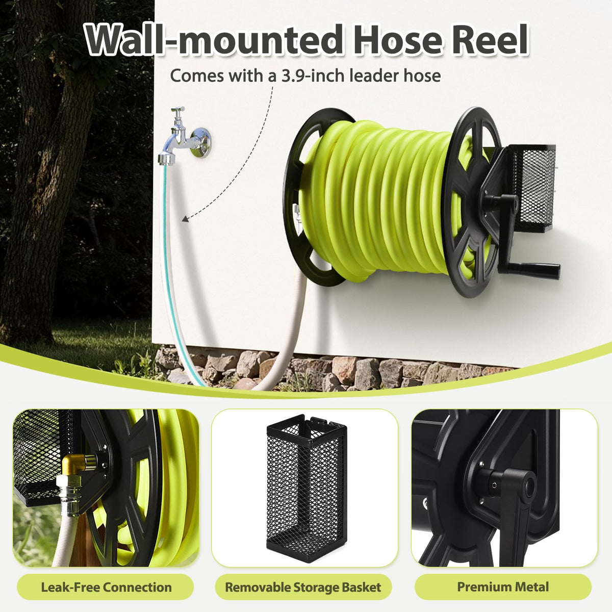 Wall Mounted Hose Reel, Holds 125ft of 5/8-Inch Hose, Black Z98109