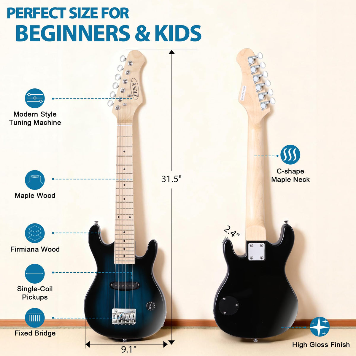 30 inch Kids Electric Guitar with 5w Amp, Gig Bag, Strap, Cable, Strings and Picks, Blue D9550