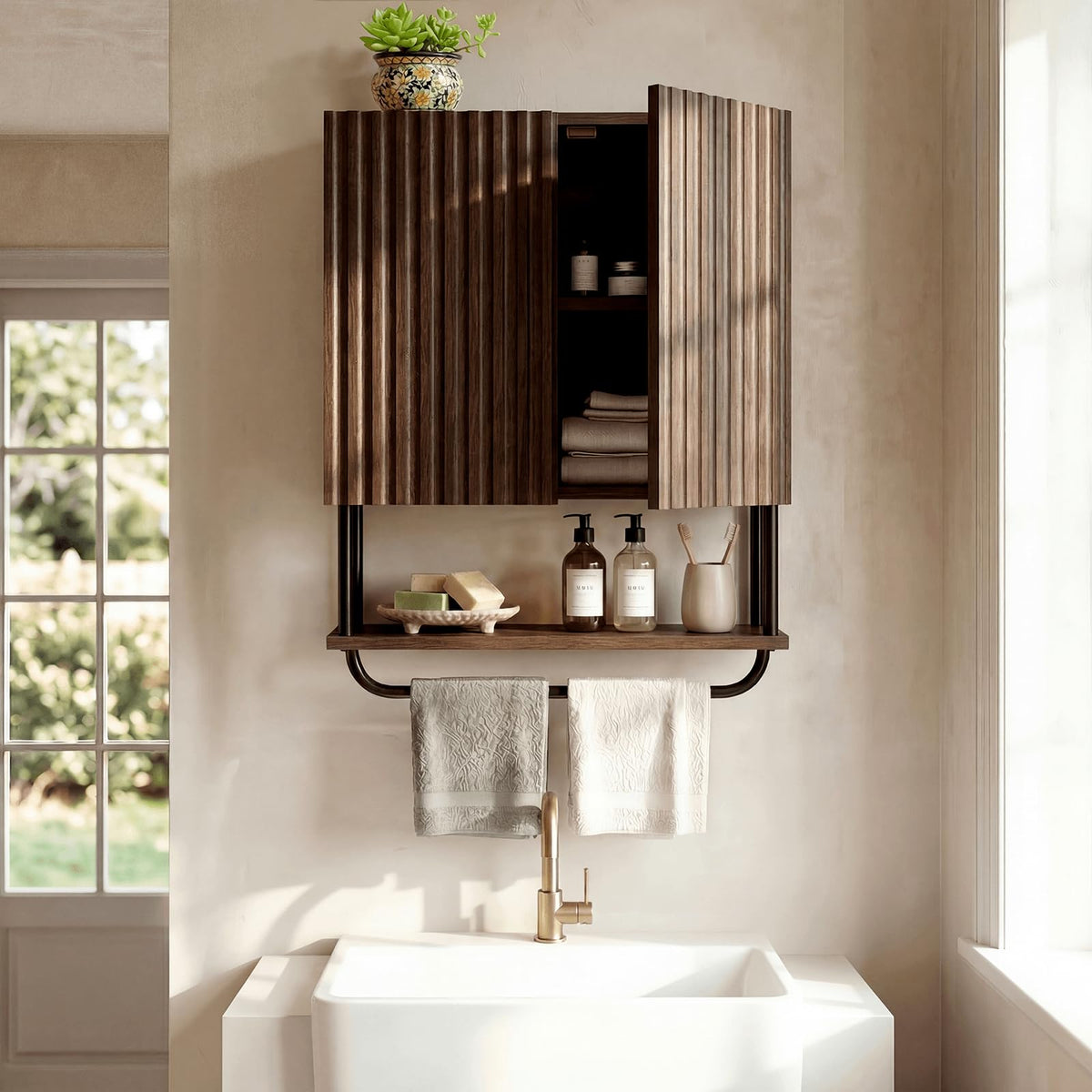 Farmhouse Fluted Wood Wall Mounted Bathroom Cabinet with Adjustable Shelf B86639