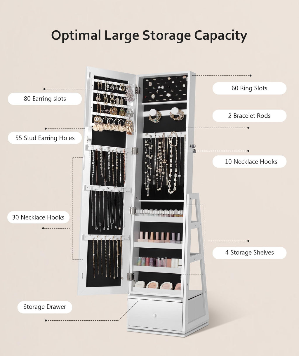 360° Swivel Lockable Jewelry Cabinet with Full Length Mirror K124