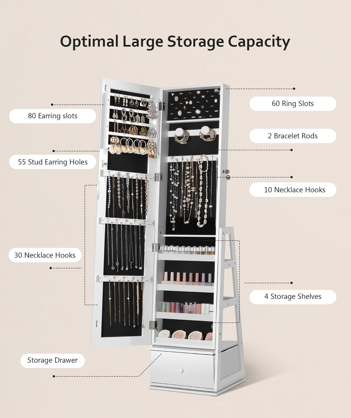 360° Swivel Lockable Jewelry Cabinet with Full Length Mirror K124