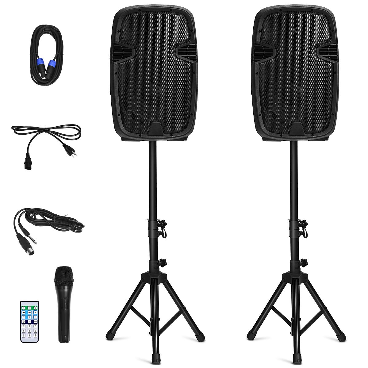 2000W 12" Portable Dual Powered Speakers PA System with Tripod Stands Y957