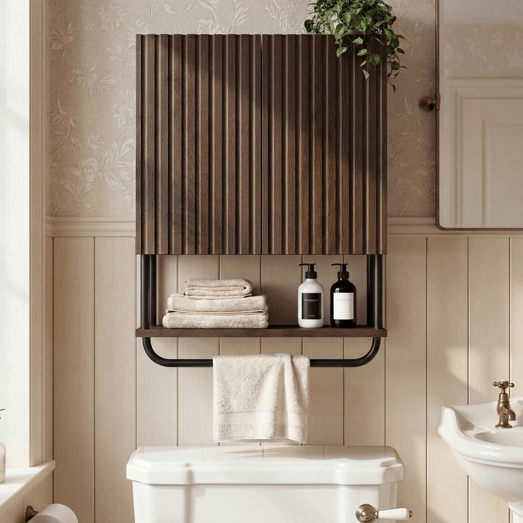 Farmhouse Fluted Wood Wall Mounted Bathroom Cabinet with Adjustable Shelf B86639