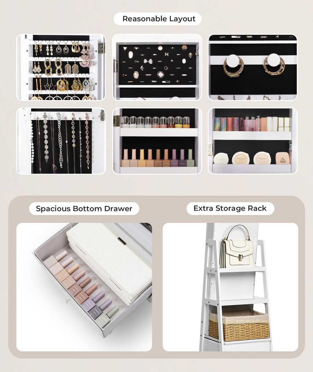 360° Swivel Lockable Jewelry Cabinet with Full Length Mirror K124