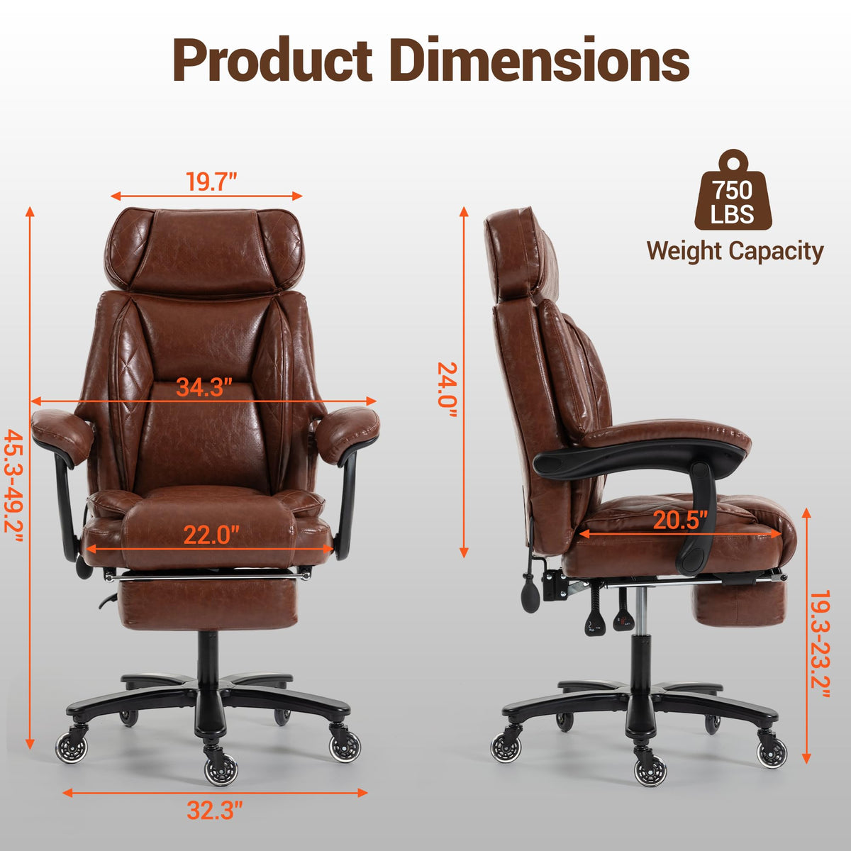 Big and Tall Executive Office Chair with Footrest, Brown S723824