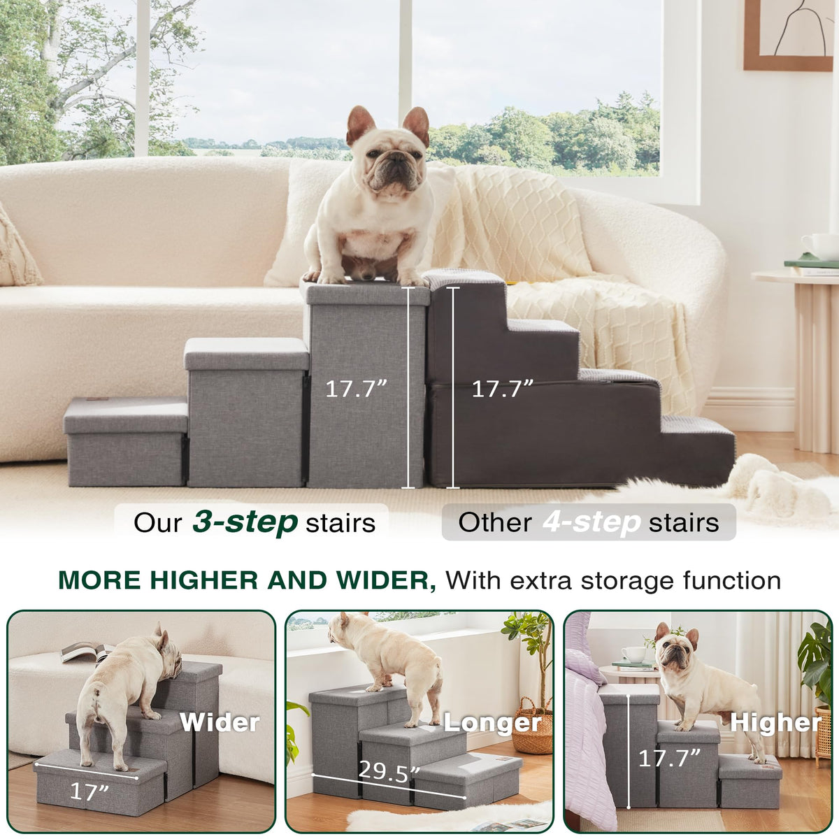 Foldable Pet Stairs with Storage, Grey, 3 Steps M66132