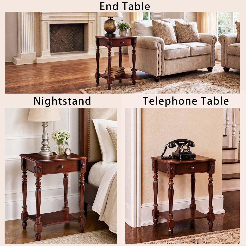 Solid Wood Side Table with Drawer, Cherry Walnut C446